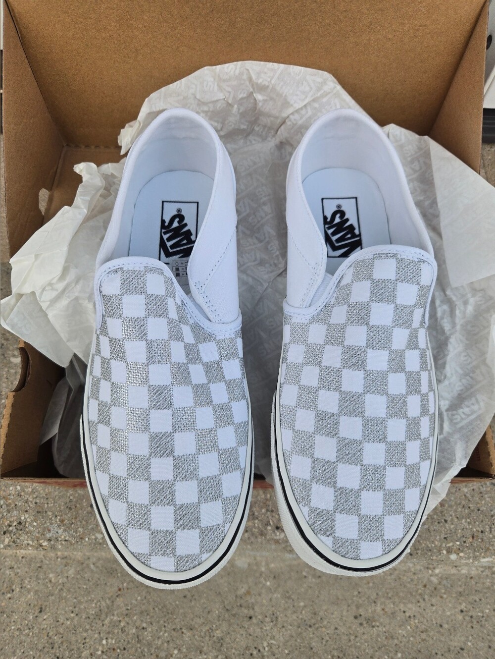 Vans Slip-On Sneakers in White and Gray Checkerboard